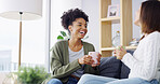 Home, coffee and women on sofa, funny and bonding together in living room. Laughing, apartment and happy friends with cappuccino, humor and support with comfort, relax and weekend break in lounge