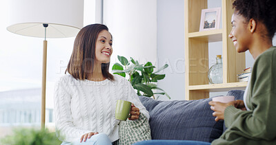 Buy stock photo Home, coffee and women on couch, discussion and bonding together with gossip. People, relaxing and friends with cappuccino, share secret and support with comfort, espresso and weekend break in lounge