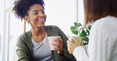 Buy stock photo Home, coffee and women on sofa, funny and bonding together in living room. People, apartment and friends with cappuccino, laughing and support with comfort, relax and weekend break with humor or joke