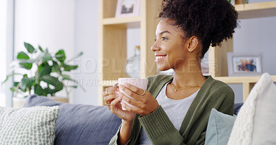 Buy stock photo Smile, coffee and woman with thinking on sofa for nostalgia, daydreaming and relax with happy memory. African person, caffeine beverage and thoughtful in home with wondering, reflection and remember