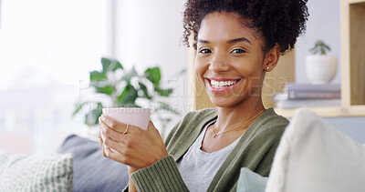 Buy stock photo Home, relax and woman with coffee, portrait and happy with weekend break, calm and drink. Apartment, African person and living room for morning tea, beverage and peace for satisfaction with latte