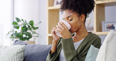 Buy stock photo Home, relax and woman with coffee, thinking and peace with weekend break, calm and drink. Apartment, African person and living room for morning tea, wonder and reflection for thoughts with latte
