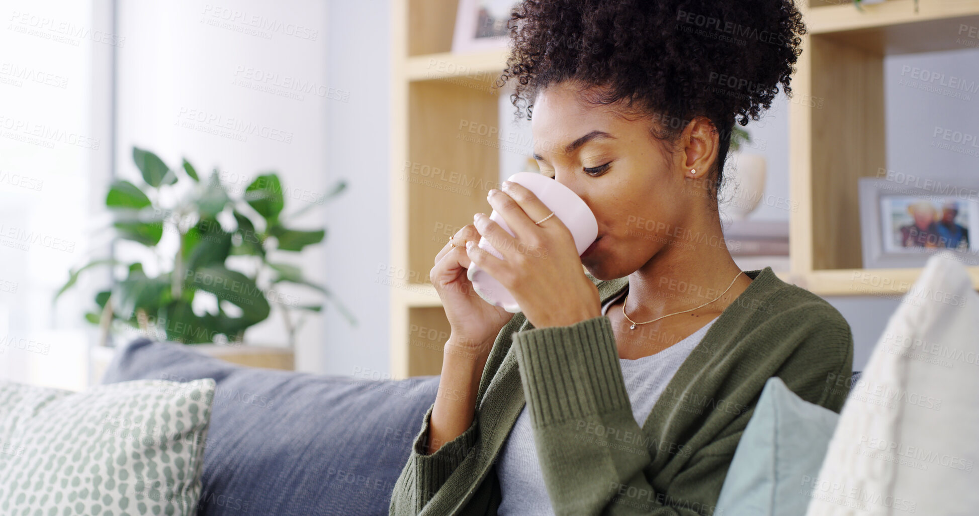 Buy stock photo Home, relax and woman with coffee, thinking and peace with weekend break, calm and drink. Apartment, African person and living room for morning tea, wonder and reflection for thoughts with latte