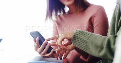 Buy stock photo Friends, phone or hands of women in home for social media gossip, ecommerce or show blog post. Mobile, girls and relax together in living room for communication, online shopping and purchase decision