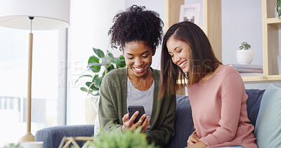 Buy stock photo Home, friends and laughing with mobile for social media, funny video and bonding together on sofa. House, happy people and women with smartphone for meme application, joke reel and relax with gossip