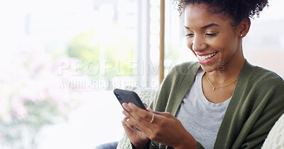 Buy stock photo Smile, mobile and black woman in home online for relax, streaming show and reading blog. Smartphone, living room and girl on chat app for communication, social media post or download game on internet