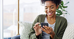 Laugh, mobile and black woman in home online for relax, comedy and funny ai filter app. Smartphone, living room and happy girl on chat for communication, social media post and scroll meme on internet