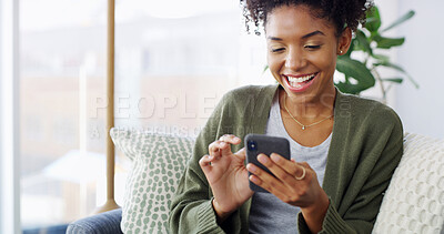 Buy stock photo Laugh, mobile and black woman in home online for relax, comedy and funny AI filter app. Smartphone, living room and happy girl on chat for communication, social media post and scroll meme on internet