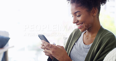 Buy stock photo Smile, phone and black woman in home online for relax, streaming show and reading blog. Mobile, living room and girl on chat app for communication, social media post and download game on internet