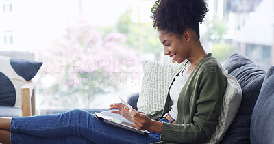 Buy stock photo Tablet, credit card and African woman in house for payment, fintech or online shopping choice. Technology, digital app or happy person in lounge for ecommerce, financial discount or internet banking