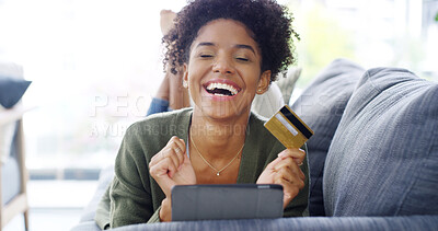 Buy stock photo Tablet, credit card and happy woman in home for celebration, success or cashback. Technology, digital money or excited black person on sofa for winning promo, payment discount or online shopping deal