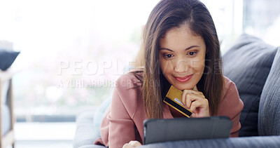 Buy stock photo Tablet, credit card and happy woman in home for online shopping, internet banking or thinking. Technology, digital money and person on sofa for ecommerce, discount or financial decision for payment