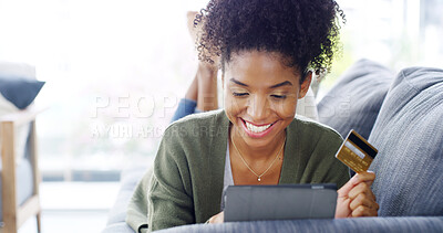 Buy stock photo Tablet, credit card and happy woman in home for internet banking, online shopping or fintech. Technology, digital money and African person in living room for ecommerce, discount or financial payment