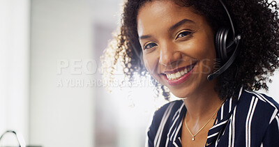 Buy stock photo Happy, woman and portrait with headset at call centre for customer support, advice and sales agent. Female person, about us and consultation services, advisory help and procedure with faq solution