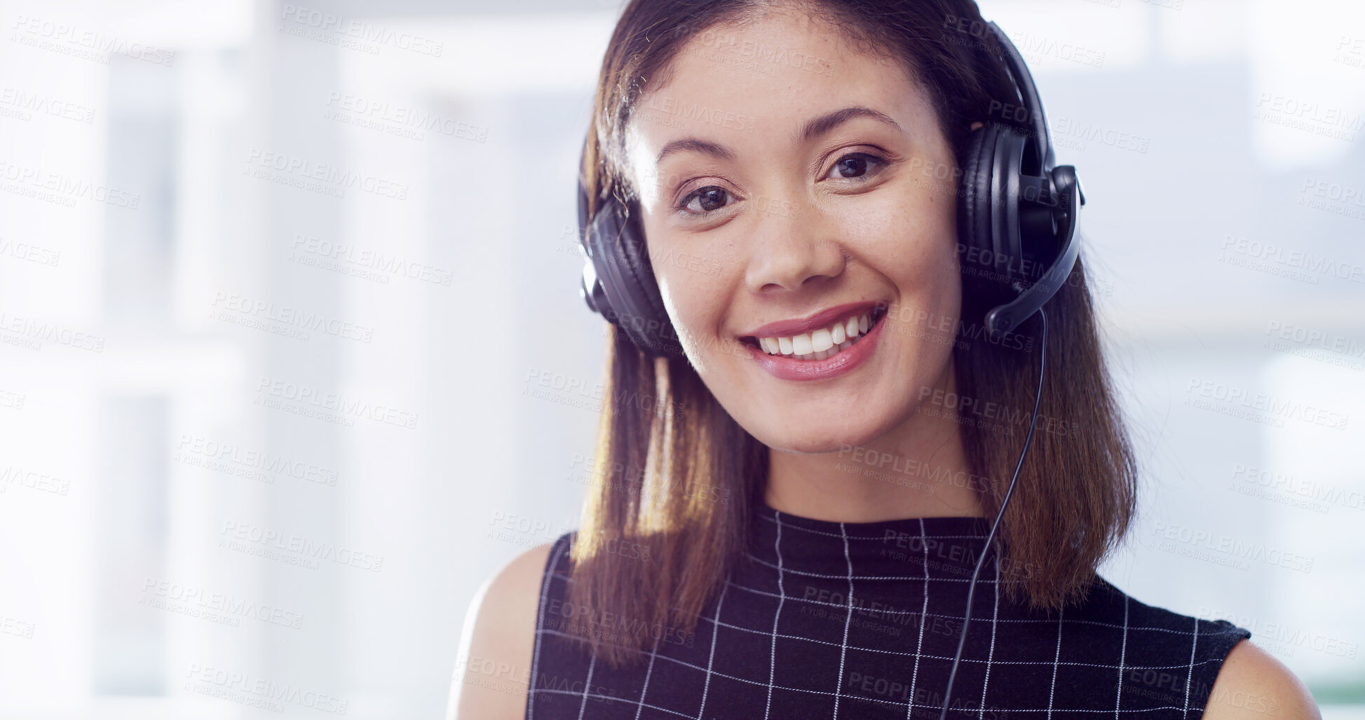 Buy stock photo Portrait, woman and smile with headset at call centre for customer support, telemarketing and sales agent. Female person, about us and consultation services, help desk and procedure with faq solution