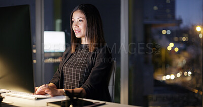 Buy stock photo Computer, night and business woman typing press release for media, public relations or deadline. Creative, startup or happy worker on technology for reading email, planning event or project in office