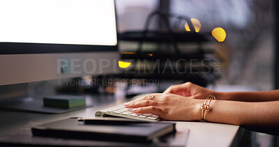 Buy stock photo Hands, person and typing on computer in office for administration, research and email feedback. Woman, keyboard and online for communication, schedule update and business report with proposal notes
