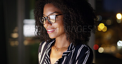 Buy stock photo Night, computer and woman with glasses, creative and journalist with ideas for deadline or review. Reading, reporter and black person with eyewear in business, smile and working late for article