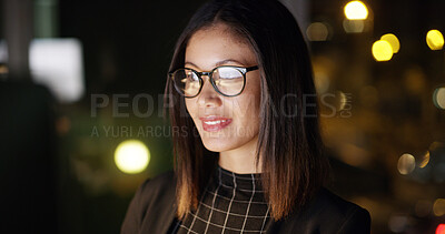 Buy stock photo Professional, glasses and woman with reading at night for story research, feedback review or publication deadline. Reflection, journalist and overtime in office for article planning, editing or bokeh