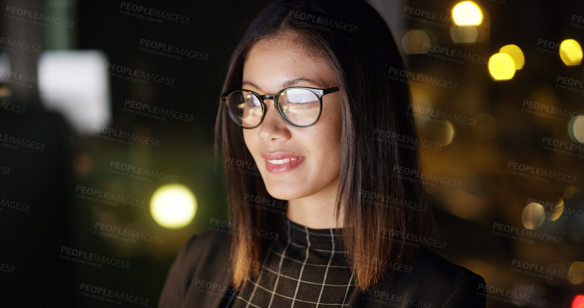 Buy stock photo Professional, glasses and woman with reading at night for story research, feedback review or publication deadline. Reflection, journalist and overtime in office for article planning, editing or bokeh