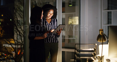 Buy stock photo Smile, business people and women with tablet in office, research information and deadline for news. Night, teamwork and journalists with digital for article post, newsletter website and review story