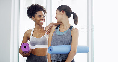 Buy stock photo Smile, woman and friends with yoga in class for exercise break, bonding together and holistic wellness. Happy, people and support with pilates session, self care and friendship for fitness membership