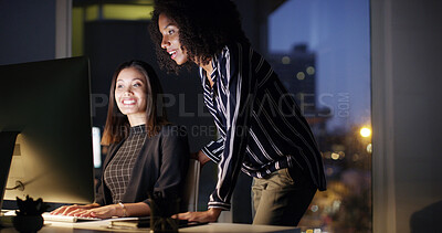 Buy stock photo Business women, night and computer with web design for company deadline, project or teamwork at office. Female people, employees or designers working late with smile on monitor for online development