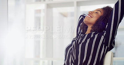 Buy stock photo Woman, office and smile with relief with stretching, deadline and time management for job at startup. African person, happy and space for career, promotion and complete task at creative agency