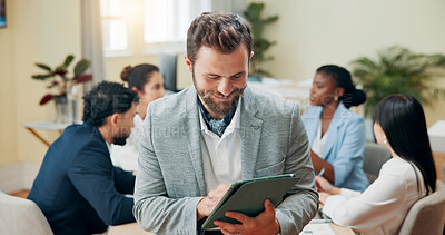 Buy stock photo News, happy or businessman in office with tablet for accounting online, economy media or finance report. Smile, check or financial advisor with technology for schedule, research or investment update