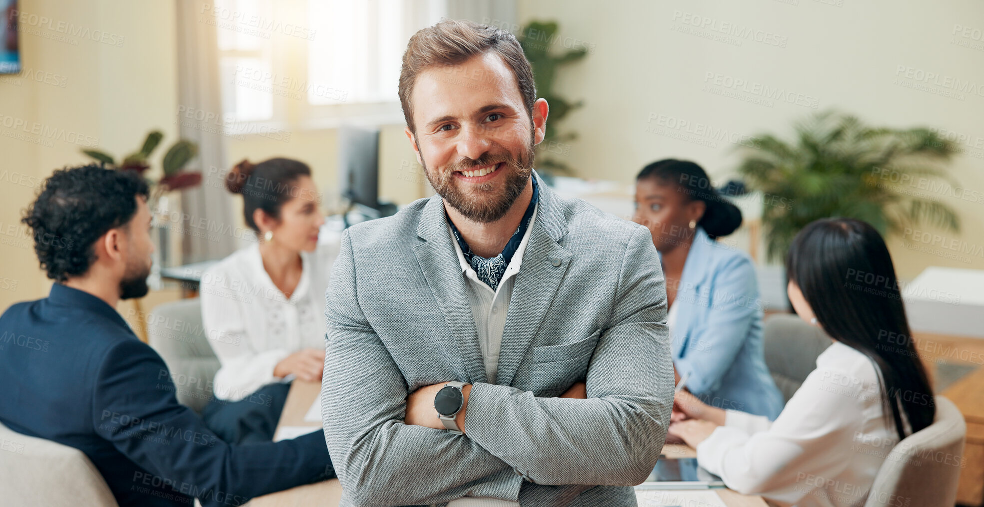 Buy stock photo Portrait, business people and man with arms crossed, meeting and planning for profit increase. Face, leadership and manager with employees, smile and brainstorming for company culture or sales growth