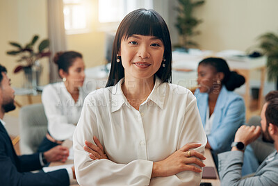 Buy stock photo Portrait, teamwork and woman with arms crossed, meeting and planning for magazine article. Face, leader and manager with business people, editor or brainstorming for company culture or fashion review