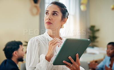 Buy stock photo Thinking, office and business woman on tablet for proposal, project review and research on website. Professional, corporate and manager on digital tech for brainstorming ideas, planning and solution