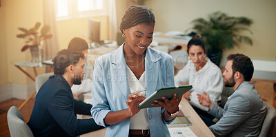 Buy stock photo Planning, smile or businesswoman in meeting on tablet for accounting online, economy media or finance report. Closeup, tech or financial advisor on touchscreen for news, research or investment growth