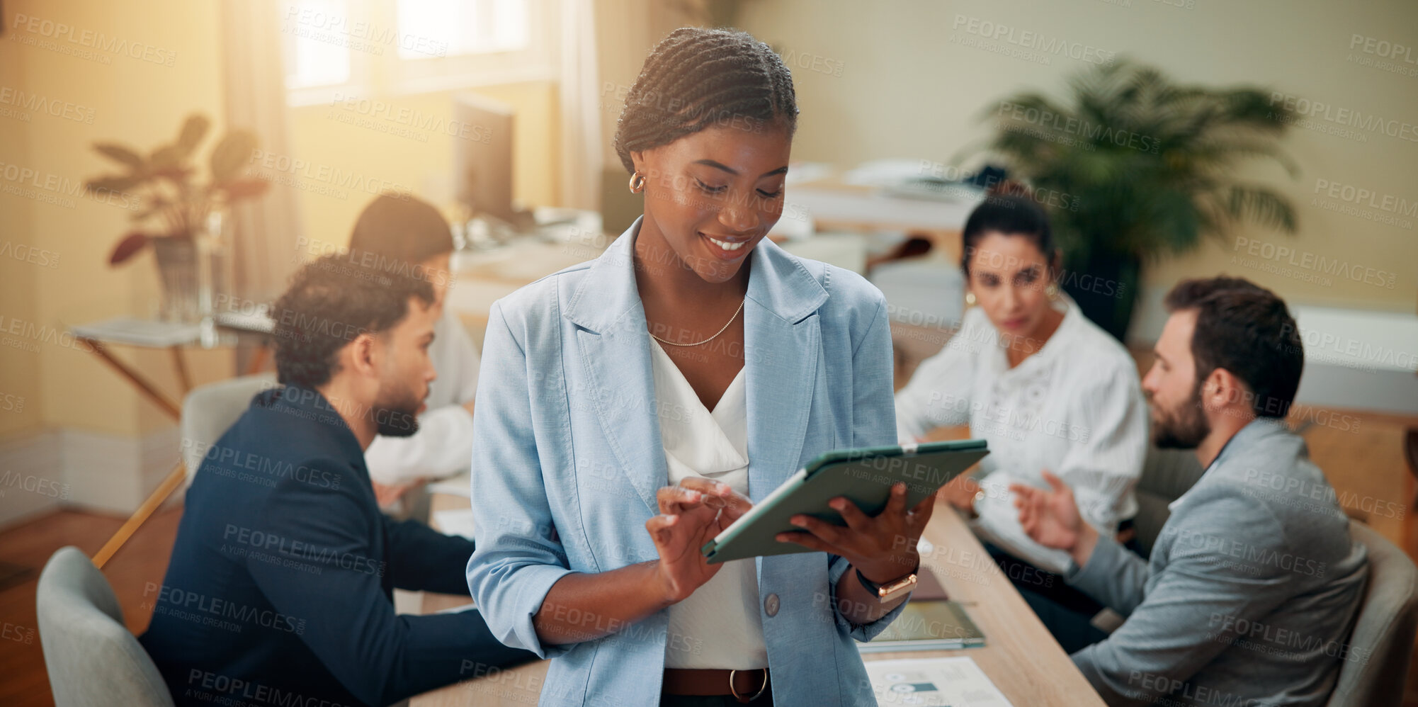 Buy stock photo Planning, smile or businesswoman in meeting on tablet for accounting online, economy media or finance report. Closeup, tech or financial advisor on touchscreen for news, research or investment growth