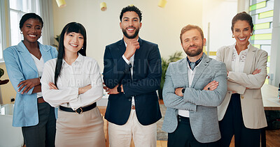 Buy stock photo Arms crossed, smile or portrait of business people in group for career, investment project or accounting. Advisors, manager or accountants in finance company for financial growth or skill development