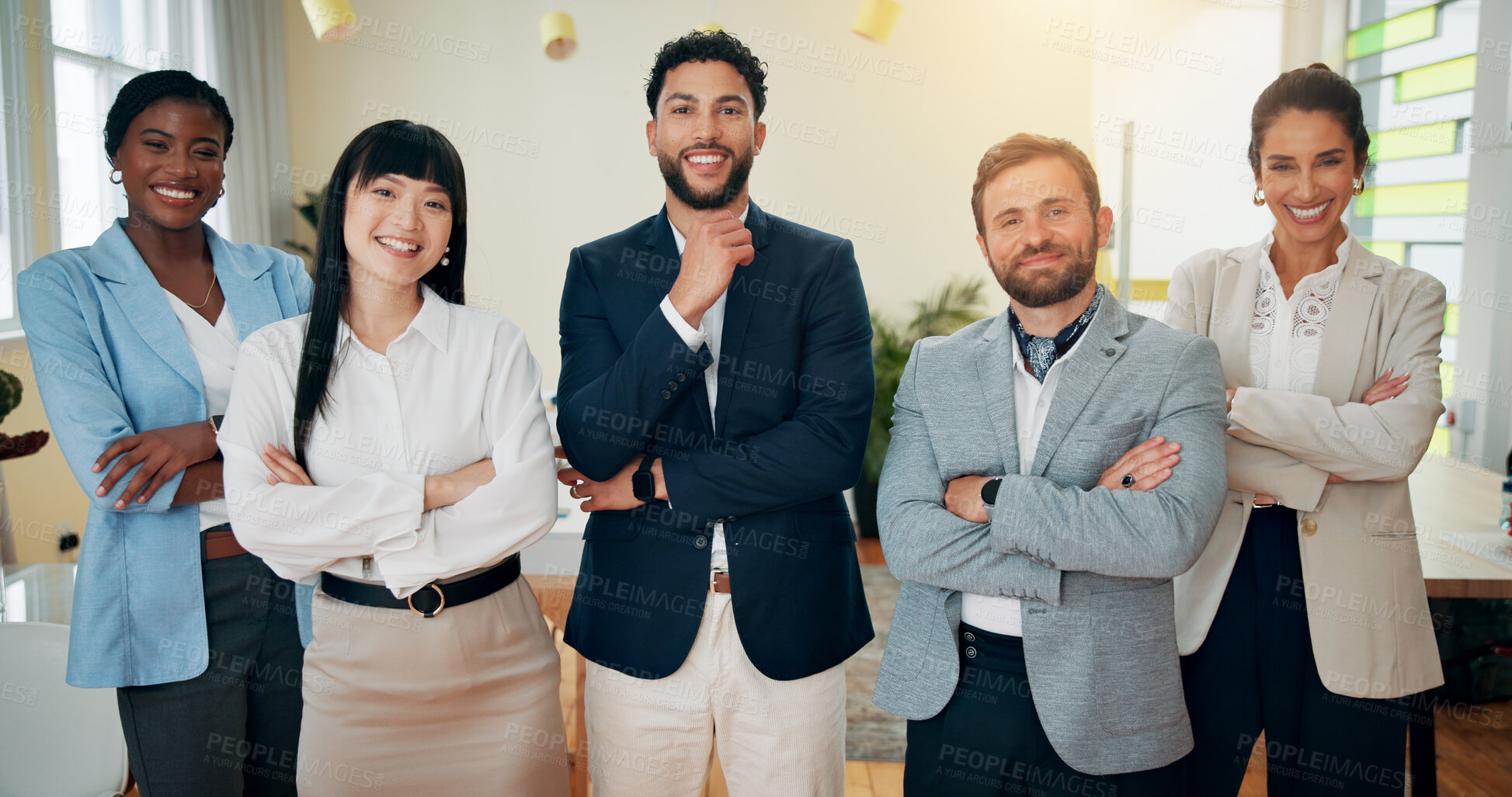 Buy stock photo Arms crossed, smile or portrait of business people in group for career, investment project or accounting. Advisors, manager or accountants in finance company for financial growth or skill development