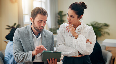 Buy stock photo News, research or business people in meeting on tablet for accounting company, economy media or finance report. Teamwork, planning or financial advisors in office for schedule, project or investment