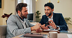 Accounting, meeting and phone with business men in office together for consulting or feedback. Collaboration, productivity report or review with corporate employee and colleague talking in workplace