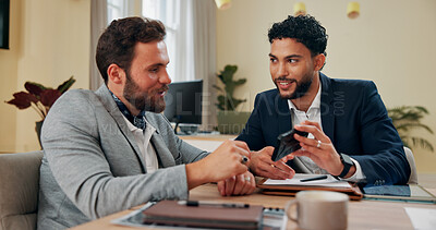 Buy stock photo Legal, meeting and phone with lawyer men in office together to review evidence for court case. Collaboration, crime or justice with advocate and attorney talking in law firm for prosecution or trial