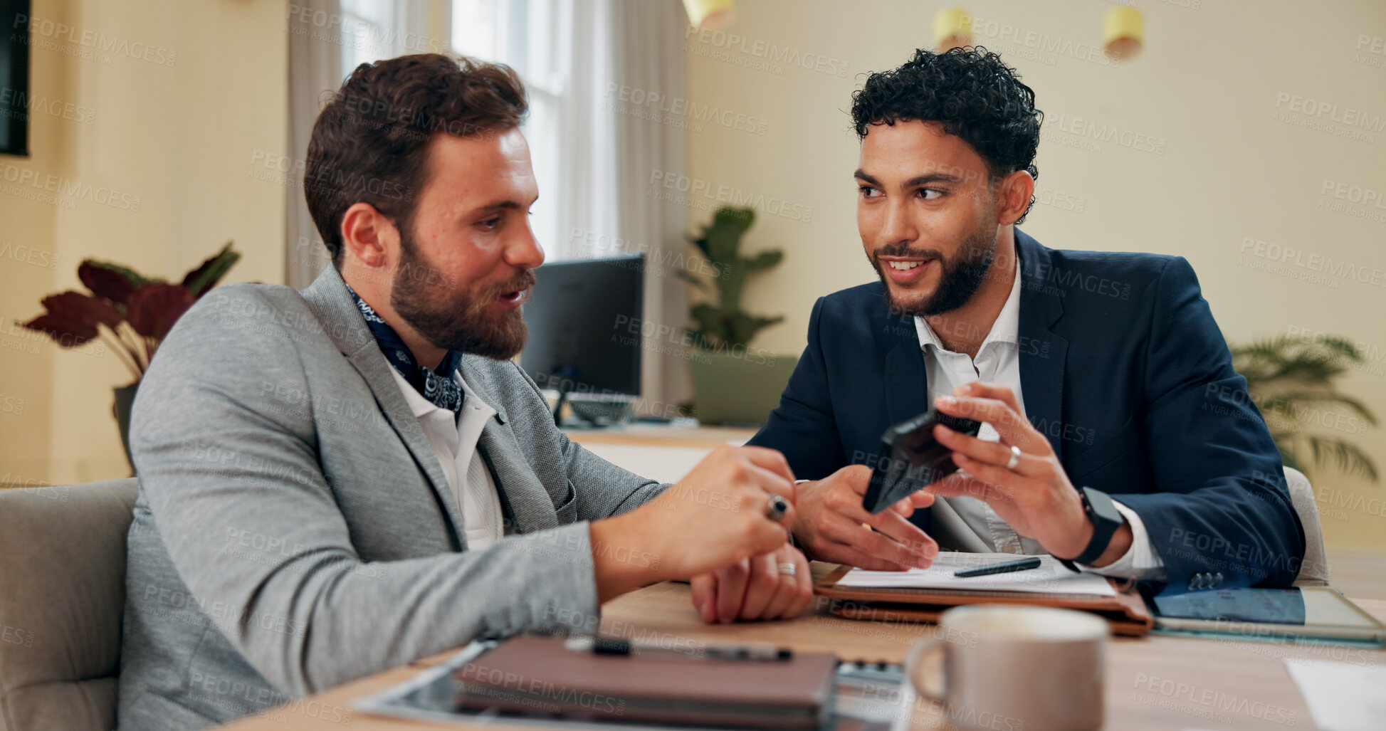 Buy stock photo Legal, meeting and phone with lawyer men in office together to review evidence for court case. Collaboration, crime or justice with advocate and attorney talking in law firm for prosecution or trial