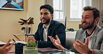 Planning, meeting and smile with business people in office for strategy, discussion and company sales. Teamwork, profit report and collaboration with employees in agency for development and project