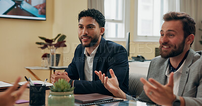 Buy stock photo Planning, meeting and smile with business people in office for strategy, discussion and company sales. Teamwork, profit report and collaboration with employees in agency for development and project