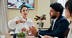 Planning, meeting and documents with business people in office for strategy, discussion and company sales. Teamwork, profit report and collaboration with employees in agency for project and review