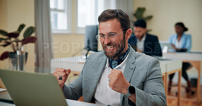 Buy stock photo Laptop, winner and celebration of man in office for goal, target or achievement. Success, computer and happy business person celebrate winning competition, promotion or bonus prize for project