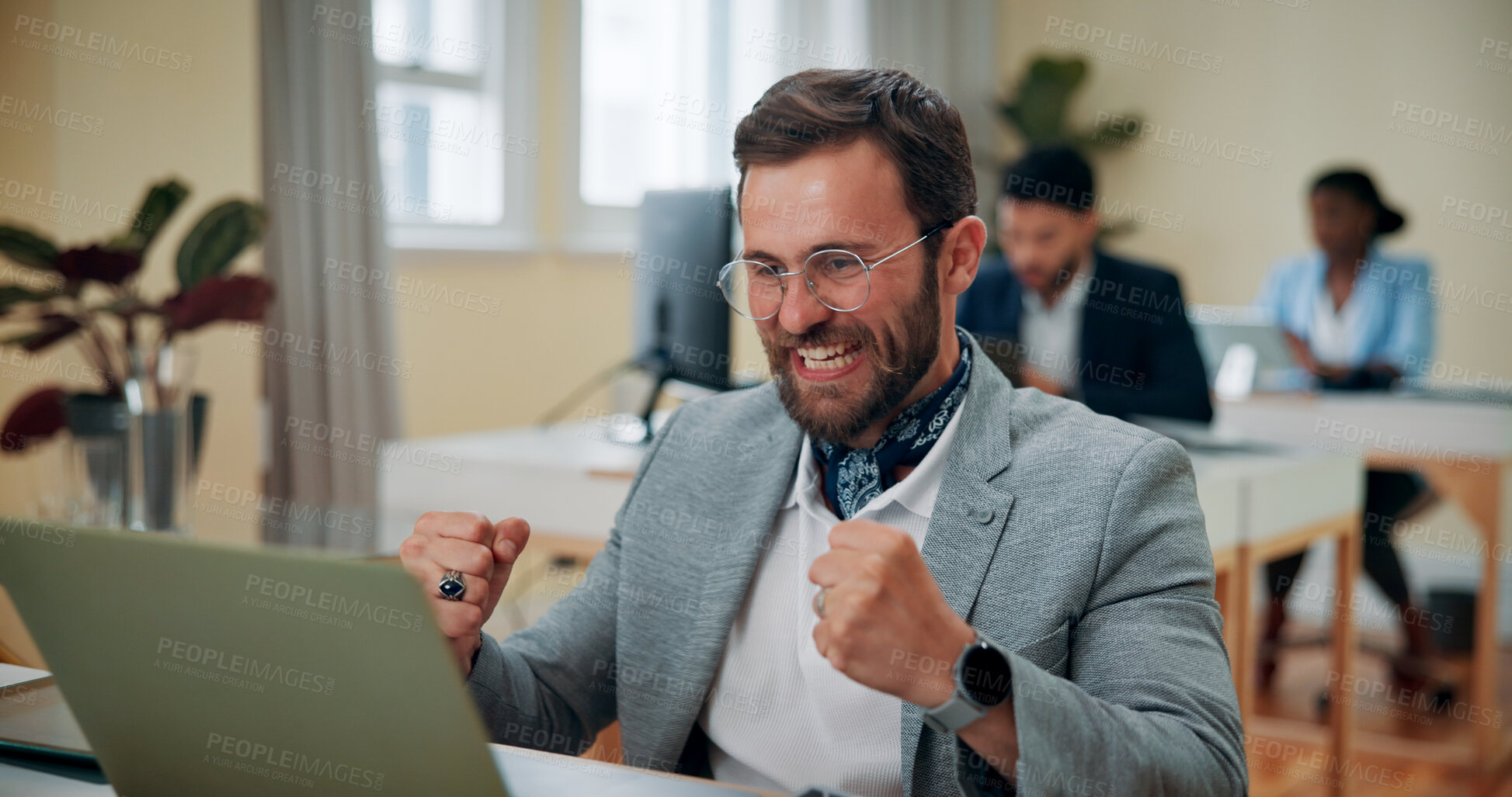 Buy stock photo Laptop, winner and celebration of man in office for goal, target or achievement. Success, computer and happy business person celebrate winning competition, promotion or bonus prize for project