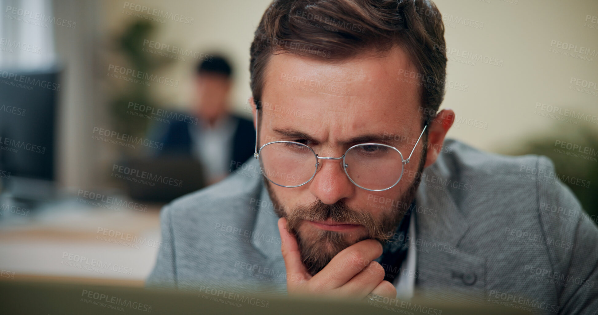 Buy stock photo Business man, solution and thinking with laptop for finance review, client portfolio management or account mistake. Financial advisor, coworking office and doubt with risk tolerance or taxes planning