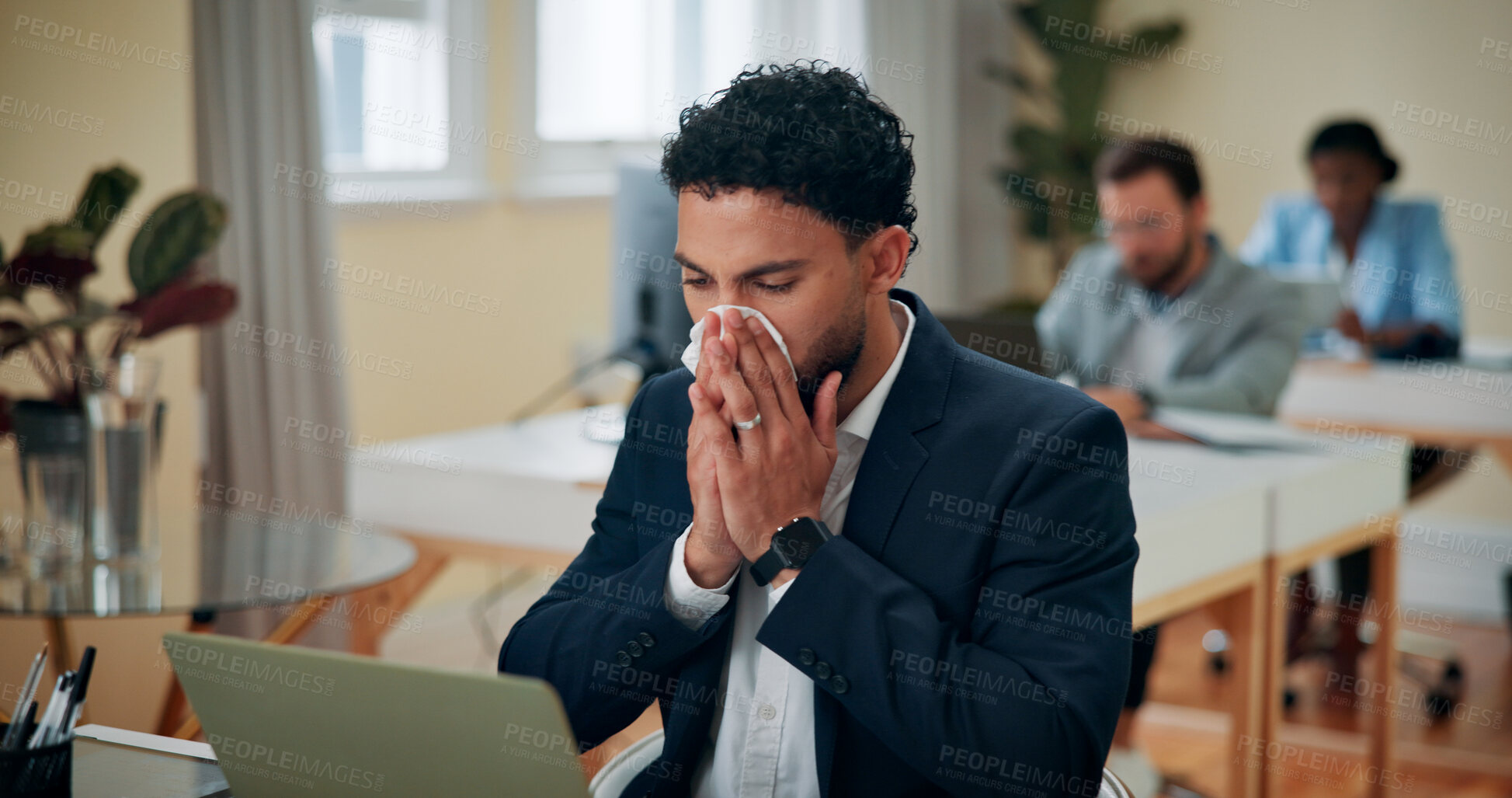 Buy stock photo Sick, allergy and blowing nose with businessman in office for flu, illness and hayfever or sneeze. Consultant, virus and sinus issue for employee with tissue for influenza, cold and healthcare
