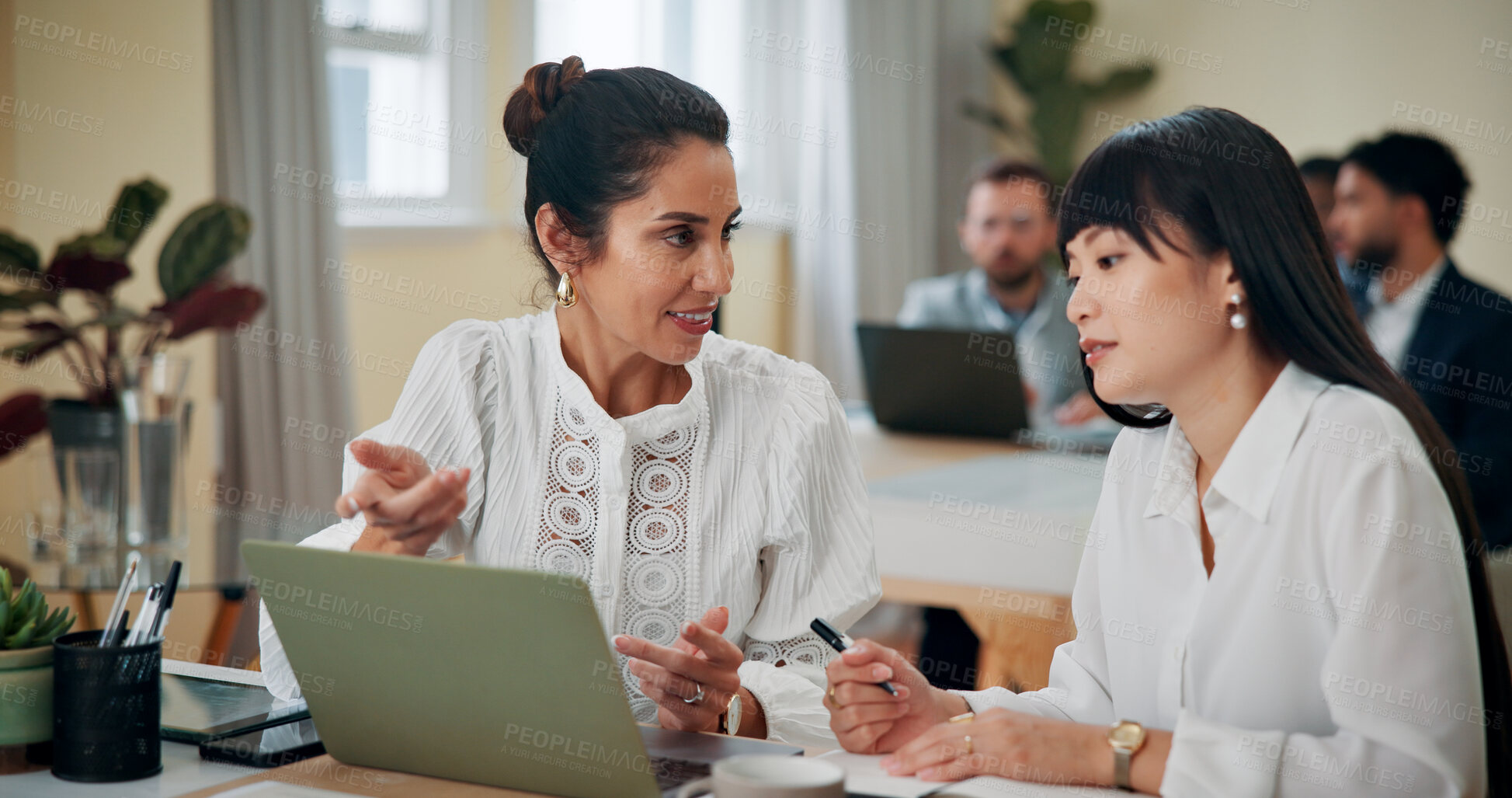 Buy stock photo Business women, laptop and feedback in office for advice, training and problem solving. Administration, female manager and tech in agency for discussion, help and assistance with learning software