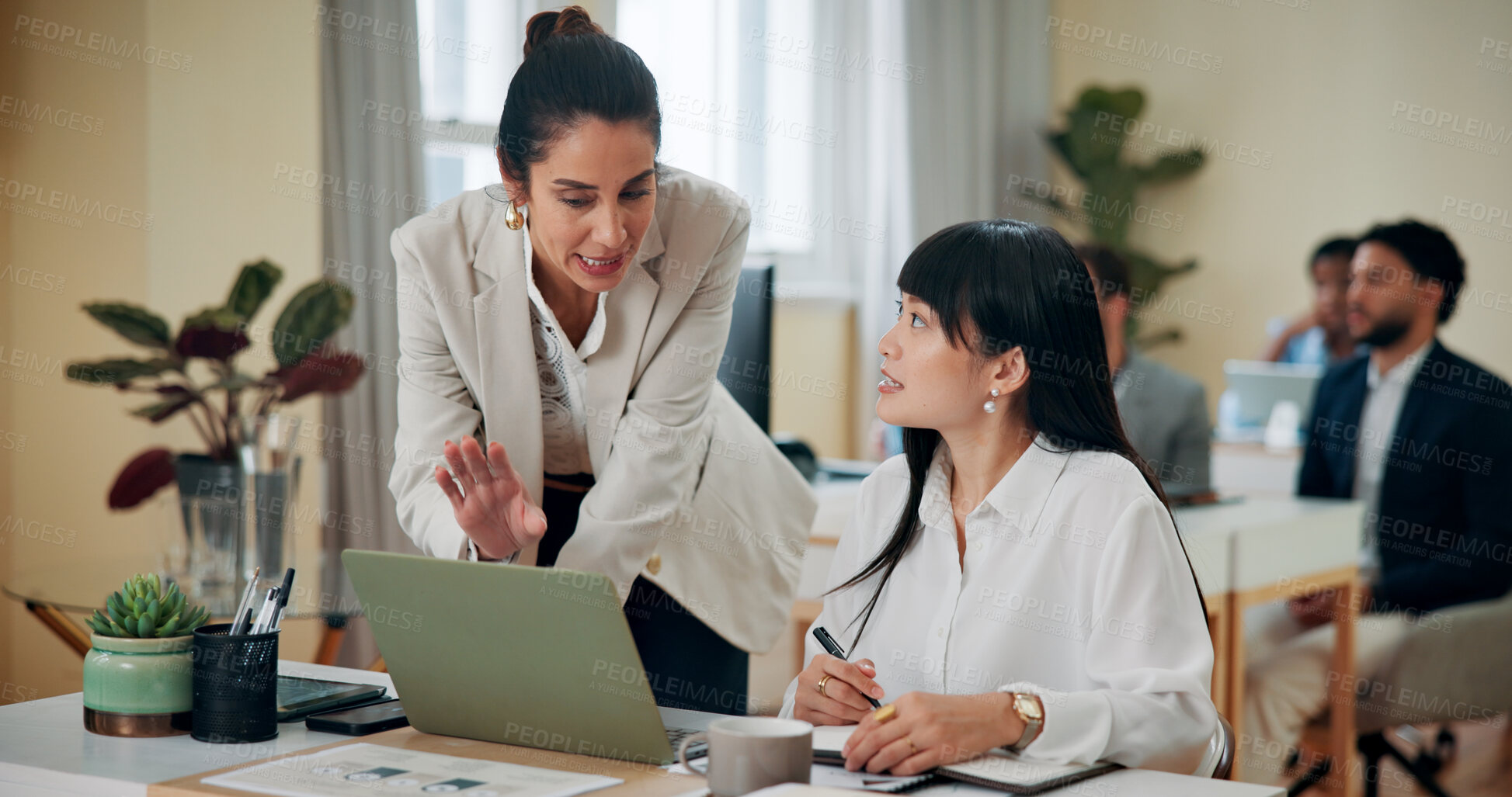 Buy stock photo Business women, laptop and discussion in office for advice, training and problem solving. Administration, female manager and tech in agency for feedback, help and assistance with learning software
