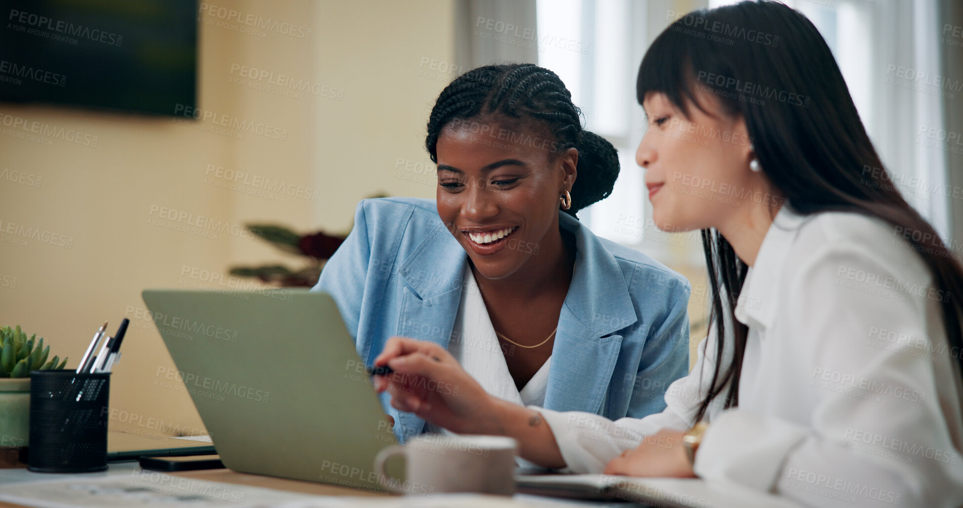Buy stock photo Business women, laptop and help in office for feedback, advice or problem solving. Accountant team, collaboration or tech in agency for training, discussion and assistance with learning software